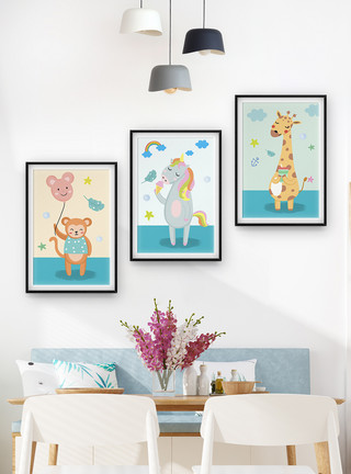 长颈鹿动物手绘卡通猫咪装饰画模板