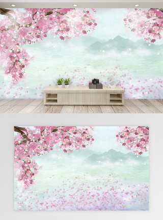 粉色水墨素材唯美繁花中国风背景墙模板
