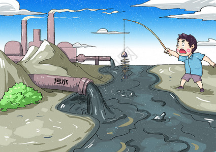污水排放口水污染漫画插画