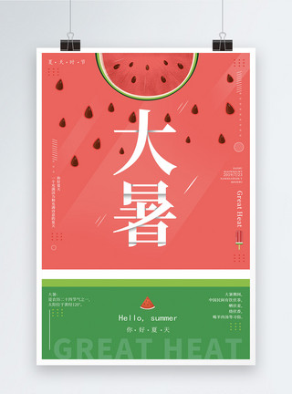手绘红色康乃馨西瓜创意设计大暑二十四节气海报模板
