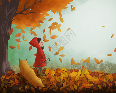 树林里天空缝隙深秋树林里的女孩插画