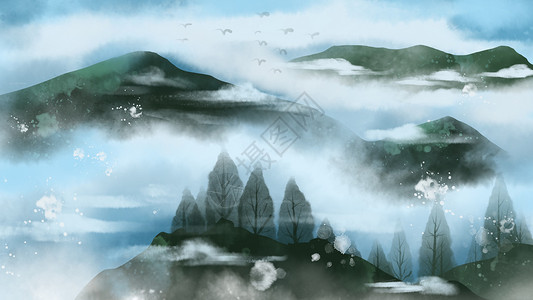 山川河海中国画山川水墨风插画