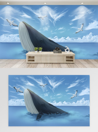 鲸鱼背景墙唯美海洋风景背景墙模板