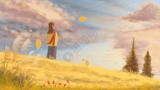 青岛晚霞阳光下看云的少女手绘GIF高清图片