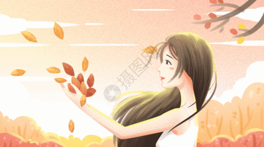 散落秋叶的女孩gif图片