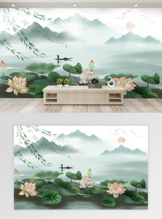 中国风电商背景墙中国风复古油画荷花背景墙模板