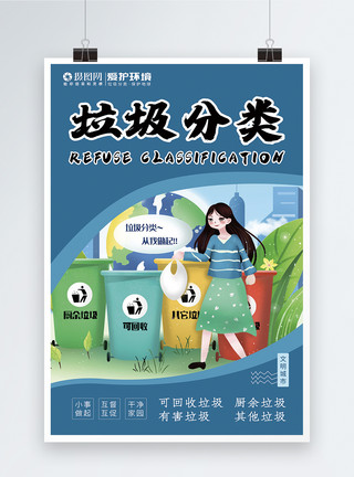 爱护城市卫生海报蓝色插画垃圾分类海报模板
