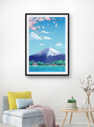 富士山插画唯美樱花富士山装饰画模板