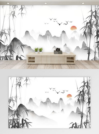 胶装新中式水墨竹山水画中国风电视背景墙模板