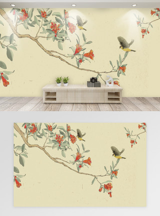 复古油画中国风石榴花花卉背景墙模板