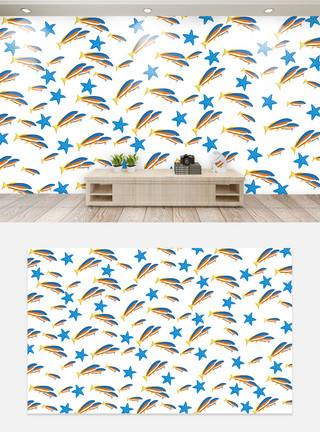 手绘海洋鱼儿童海洋动物客厅背景墙模板