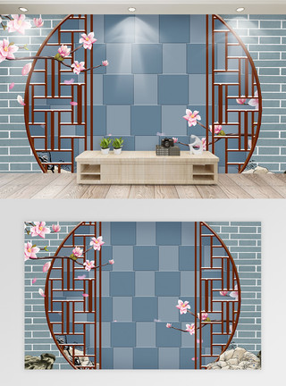 背景墙效果新中式玉兰花浮雕效果背景墙模板