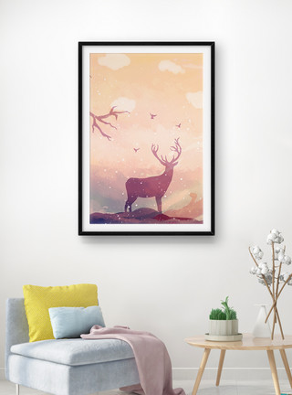 手绘动物插画北欧风温馨麋鹿装饰画模板