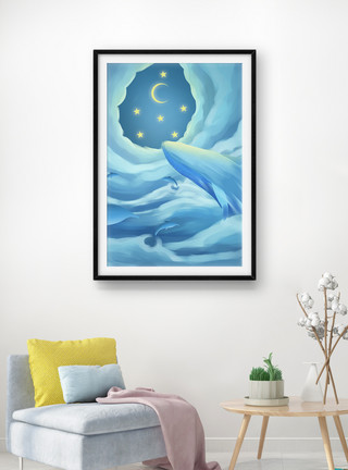 手绘鲸鱼素材蓝色唯美浪漫鲸鱼装饰画模板