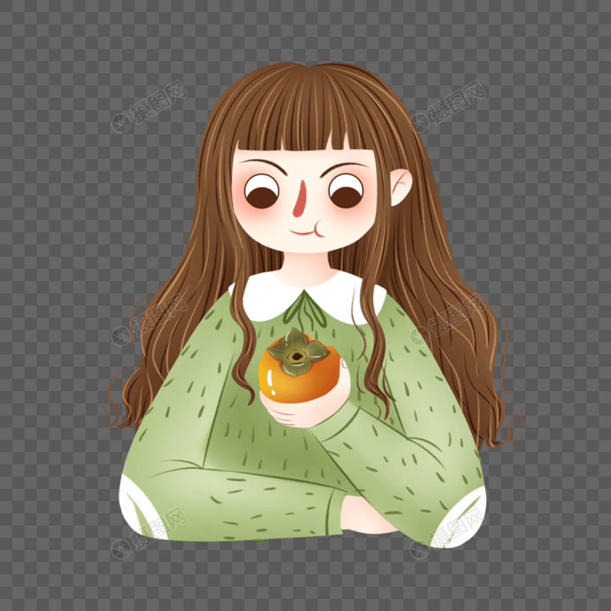 秋天吃柿子的女孩图片