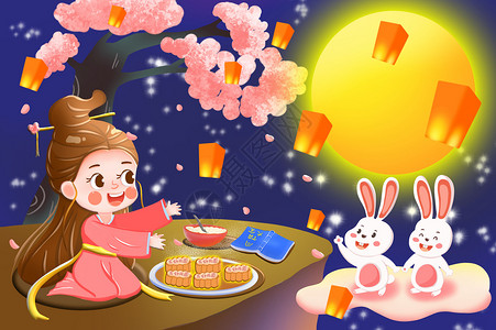 制作月饼玉兔中秋节制作月饼的嫦娥仙子插画
