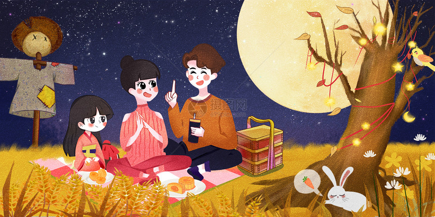 中秋佳节一家三口草地上赏月图片