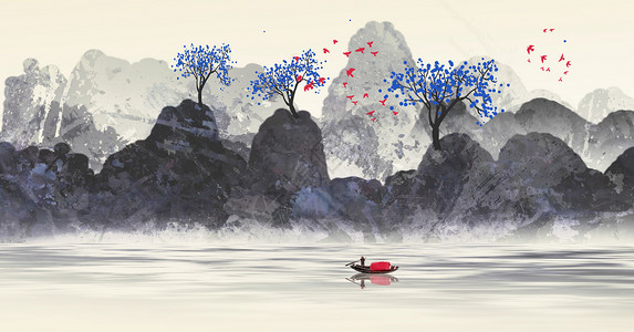 红色皮中国风山水画插画