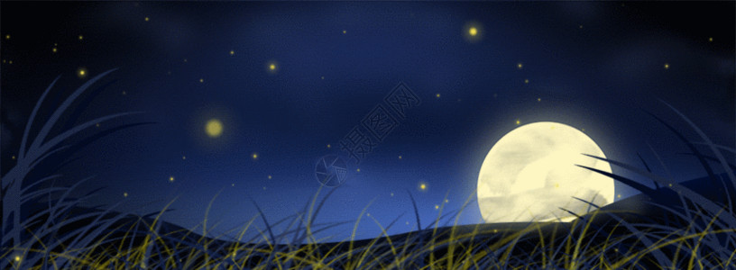 雪夜星空中秋月亮升起郊外草地星空背景GIF高清图片