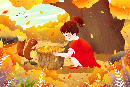 石头森林金秋树林女孩与松鼠捡落叶插画