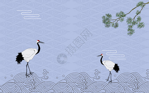 松树纹理清新复古仙鹤背景设计图片