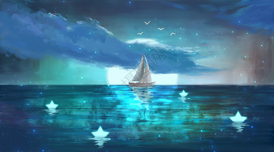 月亮下小船月光下的小帆船插画