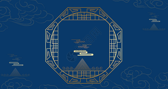 金色花边边框中国风蓝色背景设计图片