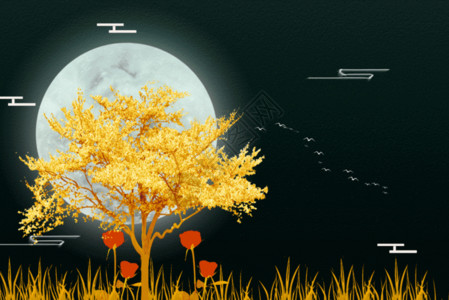 圆月之鹿装饰画中秋节动态插画GIF高清图片