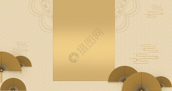 茶叶扇子金色中国风背景设计图片