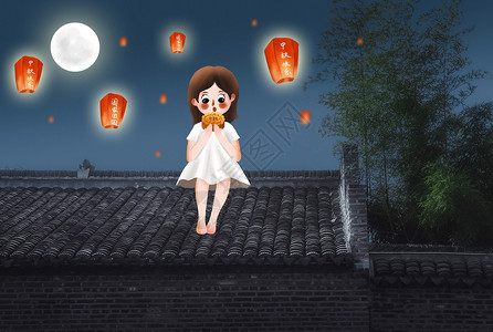 创意中秋节女孩吃月饼赏月团圆高清图片素材