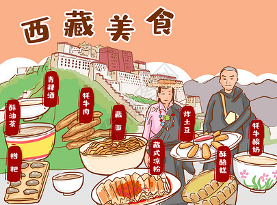 人面兽师像西藏美食插画