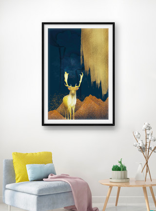 圆月之鹿装饰画发财鹿装饰画壁画模板