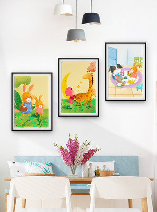 温馨的卧室温馨贝占风格手绘卡通动物装饰画模板