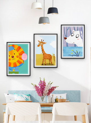 室内壁画唯美温馨贝占风格时尚手绘卡通动物装饰画模板