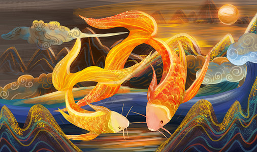 重彩金色锦鲤中国风图片
