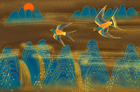 复古风中式装饰烫金山水燕子插画