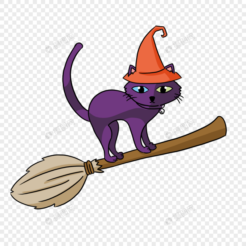 可爱卡通万圣节小猫咪骑扫帚元素图片