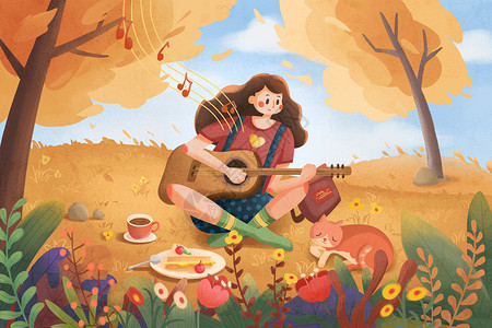 黄色的猫秋天树林里弹吉他的女孩插画