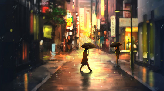唯美灯光雨后的街道插画