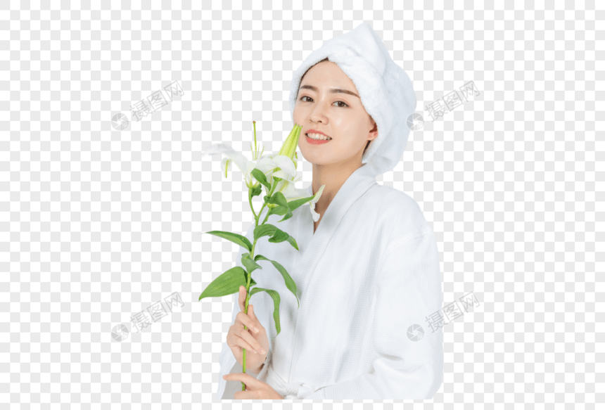 浴巾女性手拿百合花图片