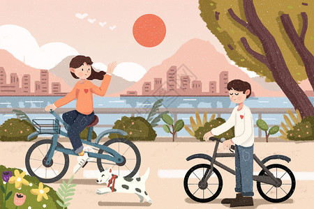 城市骑车世界骑行日河边男女骑自行车插画