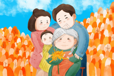 抱着菊花的女孩重阳节的出游一家人高清图片