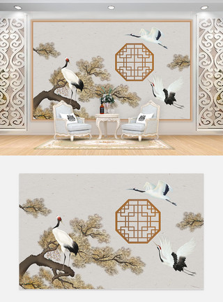 装饰画中式松鹤延年中国风背景墙模板