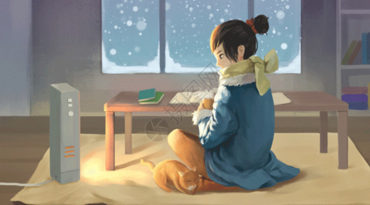 痘痘女冬天坐在暖器旁的女孩GIF高清图片