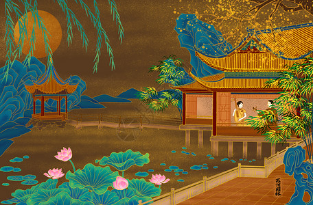 中国传统庭院烫金城市美丽中国苏州插画