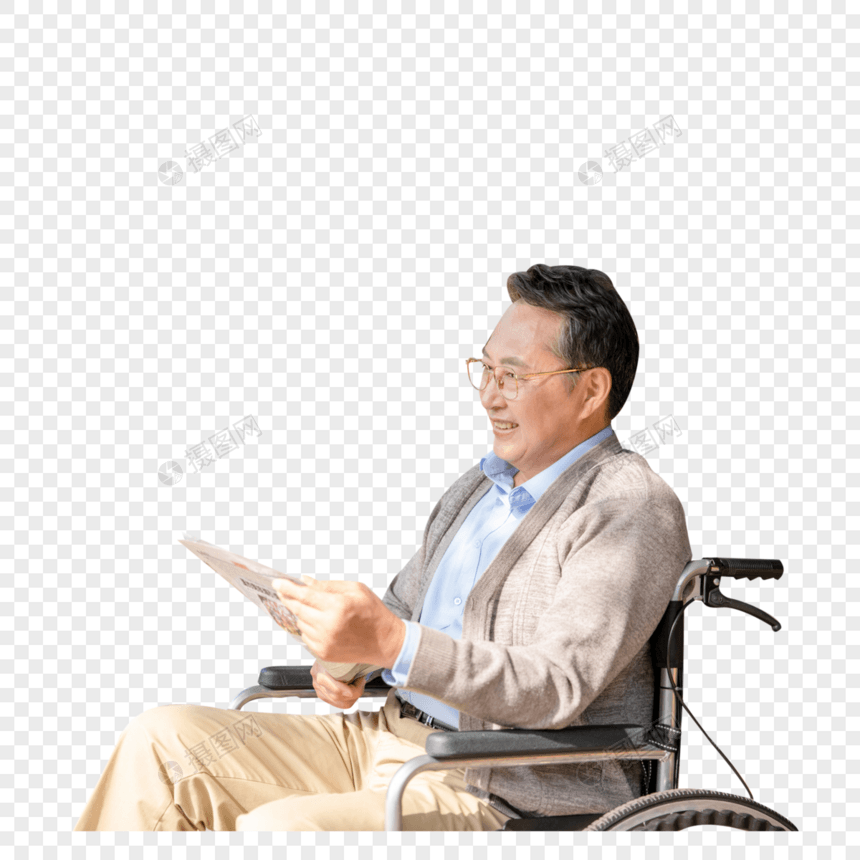 老爷爷坐轮椅上看报纸图片