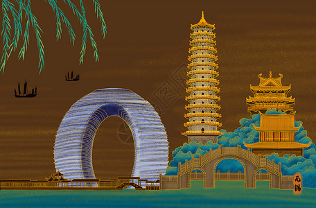 夜景园林烫金城市美丽中国湖州插画