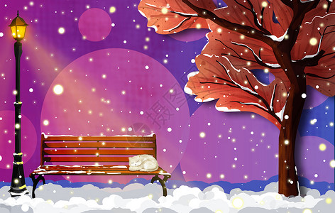 下雪天在长椅上睡觉的猫远山高清图片素材