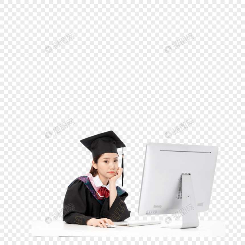 电脑前思考的毕业生图片