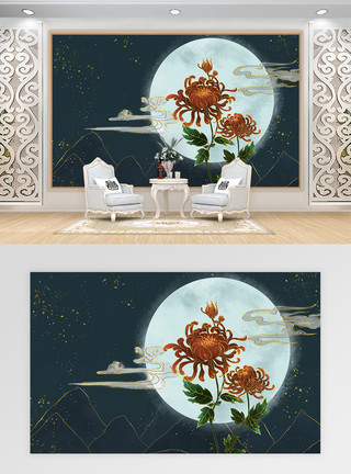 工笔素材背景中国风黑金花卉菊花电视背景墙模板